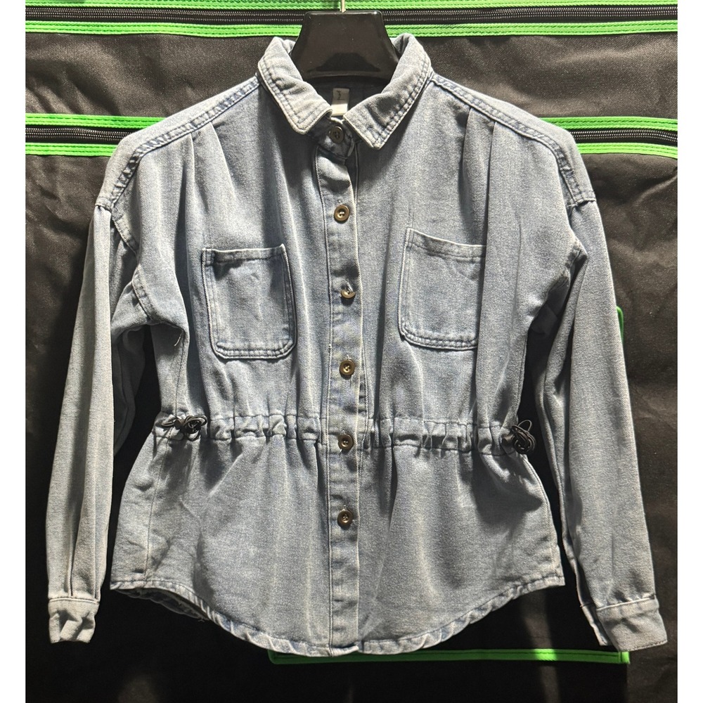 Women Light Wash Denim Cinched Waist Button Down Jacket Shirt Blue Pockets Small